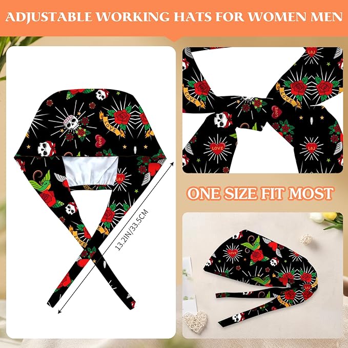 Adjustable Scrub Cap with Buttons & Sweatband, Working Hat with Elastic Tie Back, Unisex Nurse Surgical Caps for Women & Men