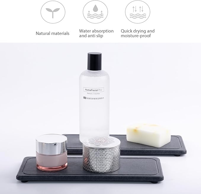 NiuYichee 2 Pcs Water Absorbing Stone Trays, Kitchen/Bathroom Sink Soap Dish, Diatomite Tray Used for Hand Soap & Cosmetic Bottles in The Modern Home, 4" W x 10.2" L, Dark Gray