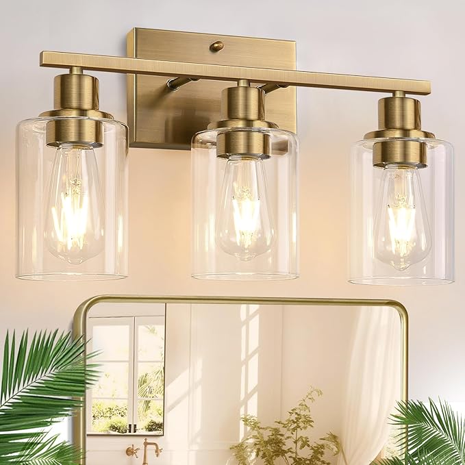 Indoi 3 Light Bathroom Light Fixtures, Brass Vanity Lights for Bathroom with Clear Glass Shades, Modern Bathroom Wall Sconces for Mirror Living Room Cabinet