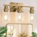 Indoi 3 Light Bathroom Light Fixtures, Brass Vanity Lights for Bathroom with Clear Glass Shades, Modern Bathroom Wall Sconces for Mirror Living Room Cabinet