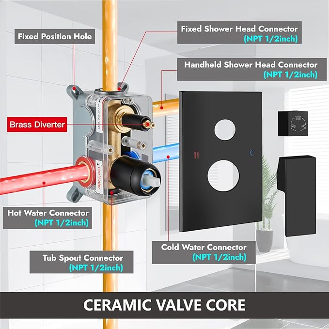 Midanya Shower System with Tub Spout,Bathtub Shower Faucet Set with Square Rainfall Head and Handheld Sprayer Wall Mount Tub Faucet Set with Valve and Trim Kit,16 Inch Matte Black