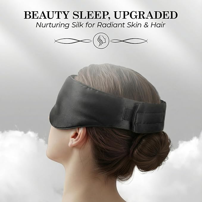 SLEEP SANCTUARY 100% Pure Mulberry Silk Sleep Mask - 22 Momme Light Blocking Hook & Loop Silk Eye Mask for Sleeping - Secure Fit for Side Sleepers, Women & Men - Cloud Soft (Black)