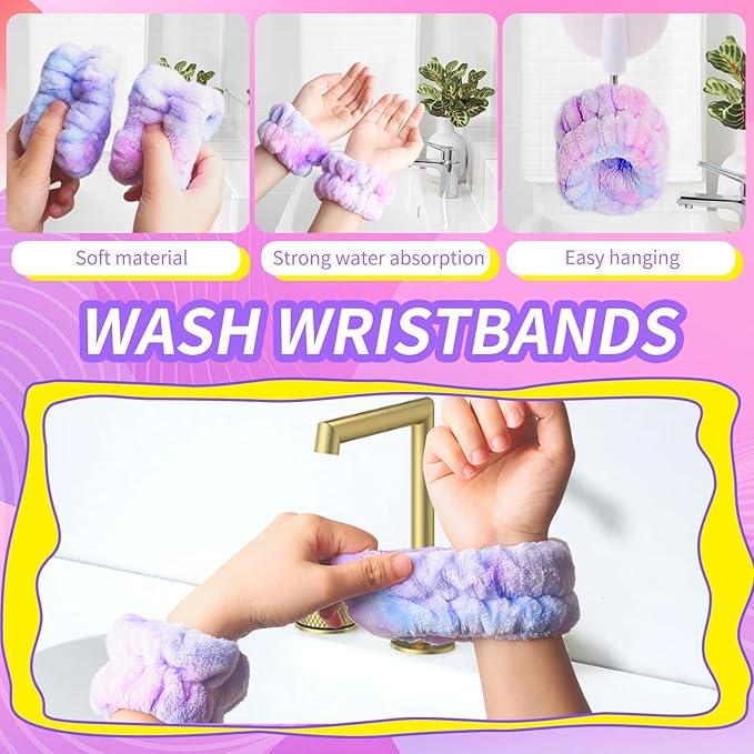 WSYUB Spa Headband and Matching Wrist Bands for Washing Face, Fuzzy Skincare Bow Headbands, Soft Facial Makeup Head Bands, Shower Hair Sleepover Party Supplies,Easter Basket Stuffers