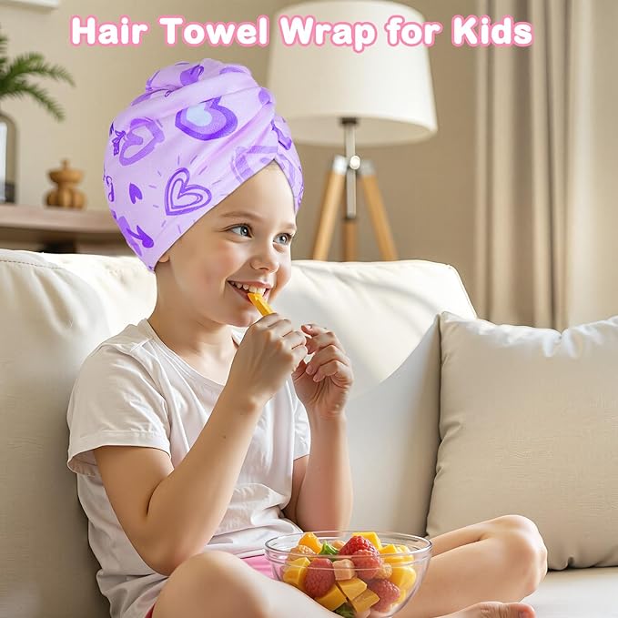FIOBEE Microfiber Hair Towel Wrap for Kid Rapid Drying Towel Absorbent Hair Turbans for Wet Hair with Button Women Girls Long Curly Hair Pack of 2, Pink/Purple Heart