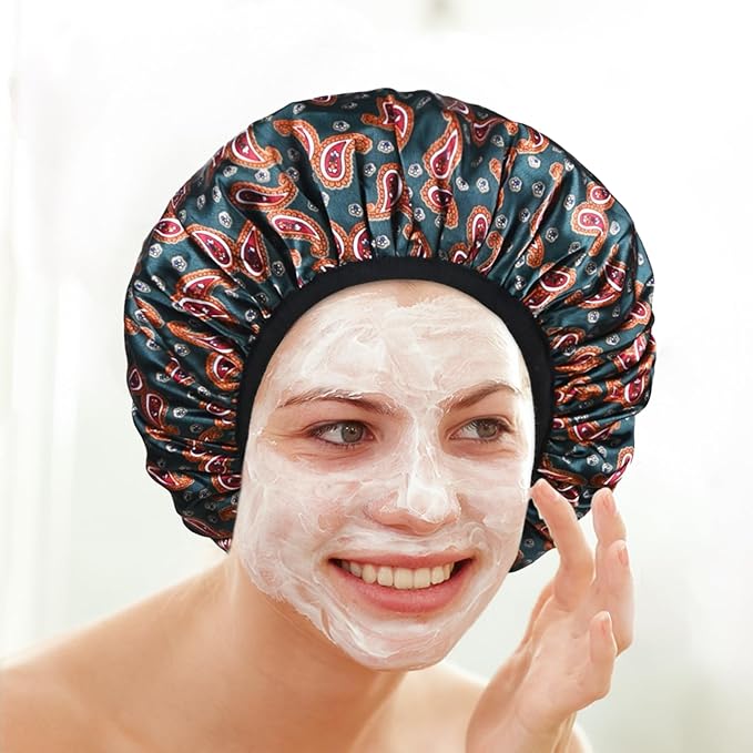 Paisley Satin Shower Cap, Three-Layer Terry Cloth Lined, with Silk Hair Ties, Microfiber Waterproof Reusable Large Size Shower Cap for Women Long Thick Hair (Red Bandana)