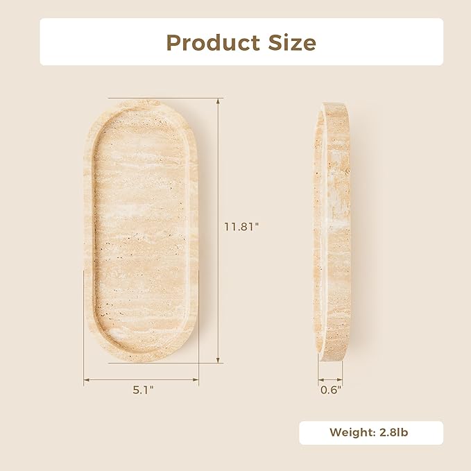 WORHE Marble Vanity Tray 11.8" x 5" Italy Natural Travertine Stone Decorative Trays for Jewelry Candles Perfume, Countertop Storage Organizer for Bathroom Dresser Kitchen Home Decor Beige (WH033)