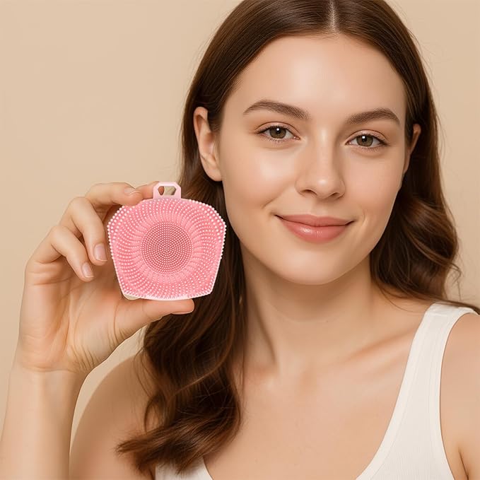 RamPula Face Scrubber, Silicone Exfoliating Brush for Men Women, Facial Cleansing Brush, Manual Waterproof Cleansing Skin Care, Blackhead Removing Pore Cleansing Massaging Face Brushes - Pink