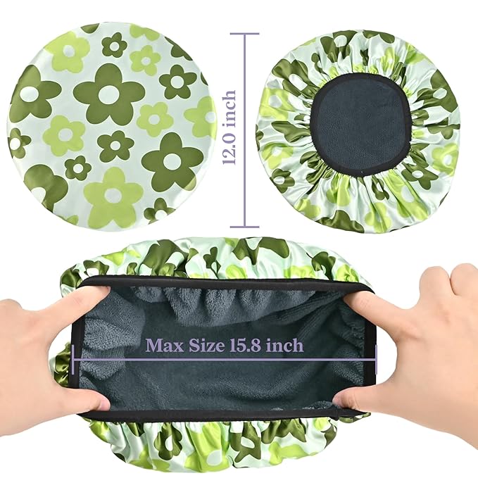 Satin Shower Cap, Three-Layer Terry Cloth Lined, with Silk Hair Ties, Microfiber Waterproof Reusable Large Size Shower Cap for Women Long Thick Hair (Green Flower)