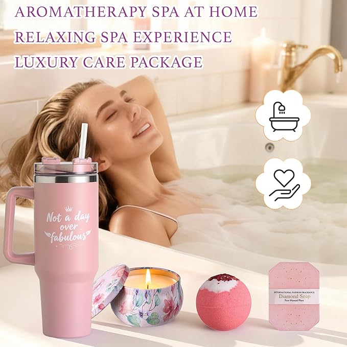 Birthday Gifts for Women – Lavender Spa Gift Basket, Self Care & Get Well Soon Set, 40oz Tumbler with Handle, Stanley Cup Gift Set for Mom, Friends, Relaxation & Pampering