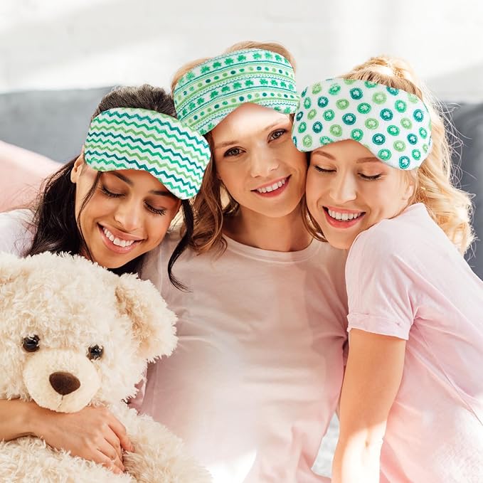 Cuffbow 6 Pack Plush Sleep Mask Set, Cute Plush Eye Masks for Sleeping, Soft Comfortable Travel Nap Blindfold, Sleepover Party Favors for Women(Four Leaf Clover,Green)
