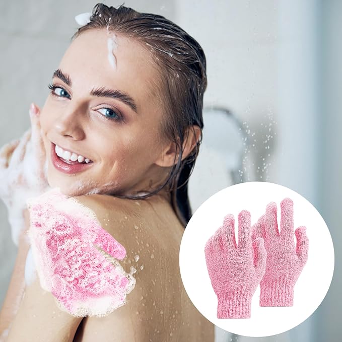 Sibba 2Pcs Exfoliating Wash Gloves Dual Texture Bath Gloves for Shower Body Scrub Exfoliating Mitt Dead Skin Remover Exfoliator Mitten Natural Body Loofah Washcloth (2pcs Pink)
