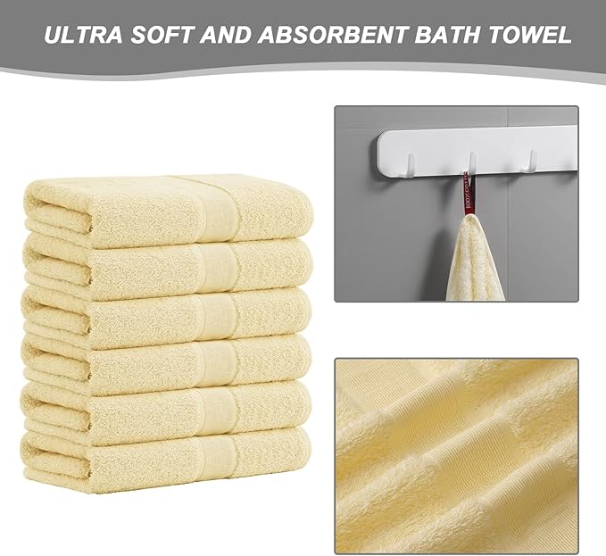 Aibaser Bath Towels, 27x54inch - Natural, Ultra Absorbent Towels for Bathroom, Travel, Gym, Shower and Spa (6 Piece Set) (Yellow)