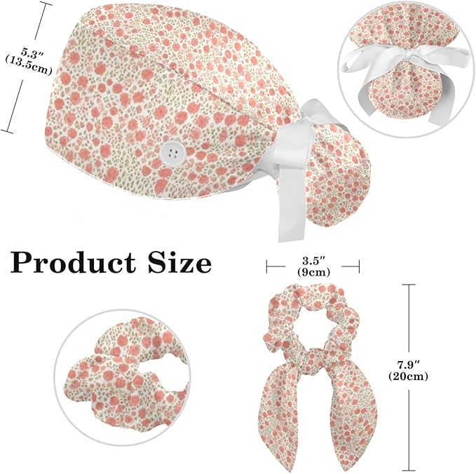 Scrub Caps Women Nursing Hats Floral Flowers with Buttons Ponytail Working Adjustable Pouch Tie Back