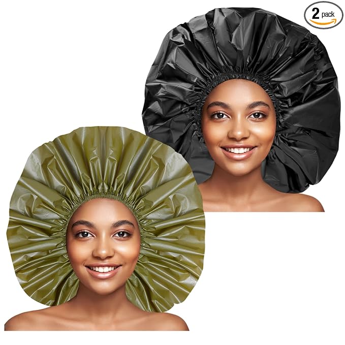 Jumbo Size Shower Cap 2 PCS Waterproof Shower Caps for Women, Extra Large Shower Cap, Reusable Super Large Bath Caps Hair Cap for Long Thick Curly Hair, Locs, Twist Braids - Black+Green