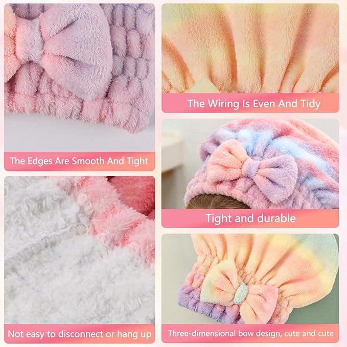 2PCS Super Absorbent Hair Towel Wrap for Wet Hair,Microfiber Hair Drying with Caps Bow Design,2026 New Fast Drying Hair Turban Wrap Towels Shower Cap for Girls and Women(Gradient Pink)