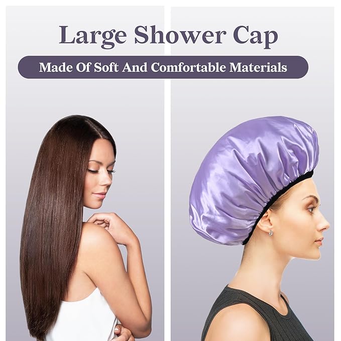 Three-Layer Terry Cloth Lined Satin Shower Cap, with Silk Hair Ties, Microfiber Waterproof Reusable Large Size Shower Cap for Women Long Thick Hair (Purple)