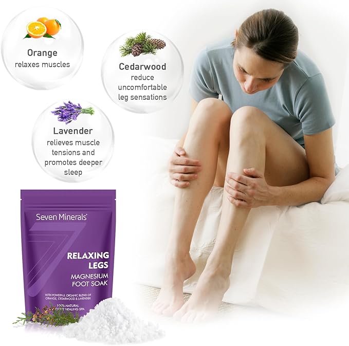 Seven Minerals Relaxing Legs Magnesium Chloride Flakes 3lb – Absorbs Better Than Epsom Salt - Unique Foot Soak Formula for Tired Legs and Leg Cramps - with Orange, Cedarwood & Lavender