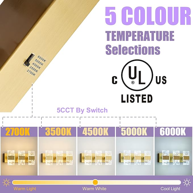 Modern LED Bathroom Light Fixtures Dimmable 3-Light Gold Vanity Light, 5CCT Adjustable Lighting Fixture Vanity Lights Over Mirror, Smoked Acrylic LED Vanity Lights for Bathroom
