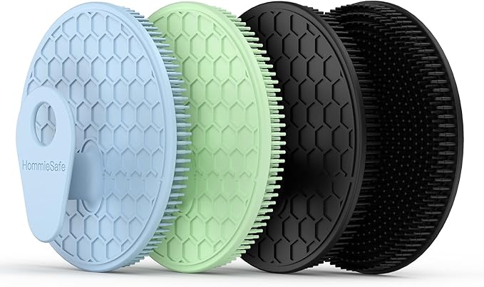 4 Pack Soft Silicone Shower Brush Body Wash Bath Exfoliating Skin Massage Scrubber, Dry Skin Brushing Glove Loofah, Fit for Sensitive and All Kinds of Skin(2Pack Black+Mint+Blue)
