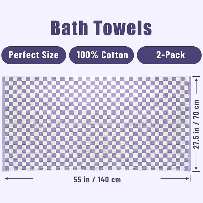 Jacquotha Checkered Bath Towels Set of 4-100% Cotton Towels for Bathroom, Shower, Pool & Beach (Purple, Yellow, Green, Orange), 520GSM