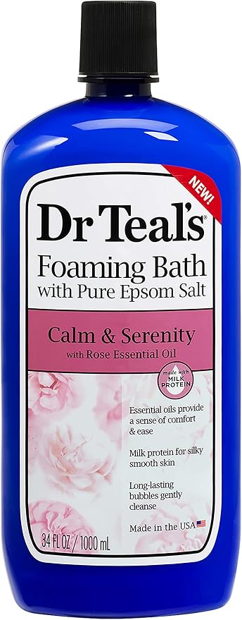 Bundle of Dr Teals Calm & Serenity with Rose Essential Oil (Made with Milk Protein): Pure Epsom Salt Soaking Solution 3 LBS & Foaming Bath 34 FL OZ