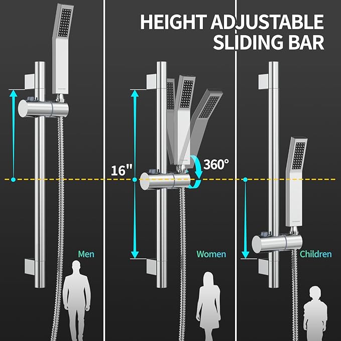 SR SUN RISE 10 Inch Square Shower Faucet, Adjustable 16-Inch Slide Bar Hand Held Shower with Hose, Square Rain Shower Head and Handheld Spray Included Valve and Shower Trim Kit, Polished Chrome