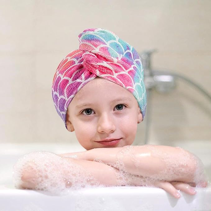 MADHOLLY Fast Drying Microfiber Hair Towel for Kids Women - 3 Packs Soft Super Absorbent Hair Towel Wrap with Button, Anti-Frizz Turban for Thicker Curly Long Hair, Mermaid Pattern Gift for Girls