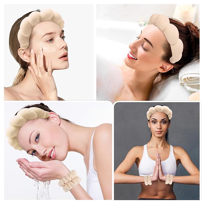 Zkptops Spa Headband for Women Sponge Makeup Skincare Headband Washing Face Wristband Set Terry Cloth Bubble Soft Get Ready Hairband Puffy Padded Headwear Non Slip Thick Hair Accessory(Beige)