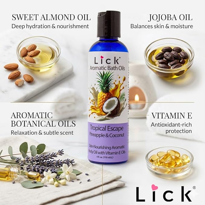 Lick Pineapple and Coconut Aromatic Bath Oil - Tropical Escape Aroma - Soothing Bath Soak Oils, 4 oz