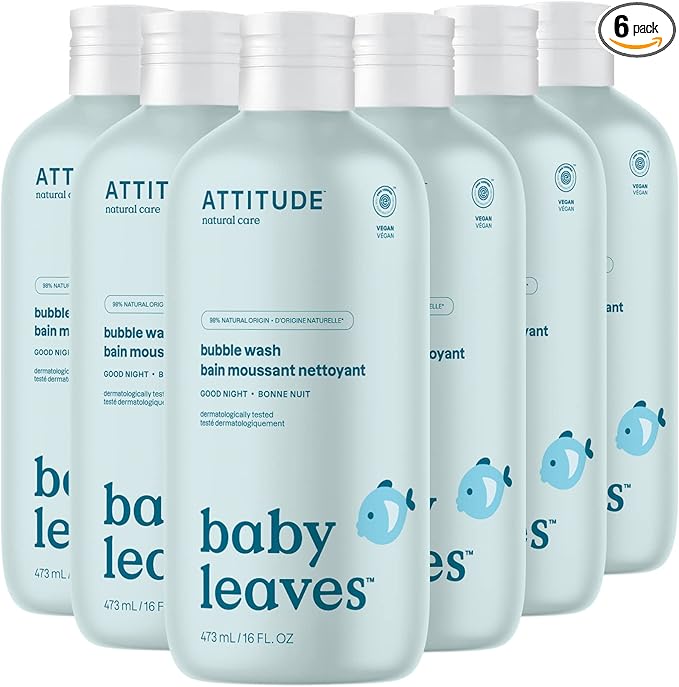 ATTITUDE Bubble Body Wash for Baby, EWG Verified, Dermatologically Tested, Plant and Mineral-Based, Vegan, Good Night, 16 Fl Oz (Pack of 6)