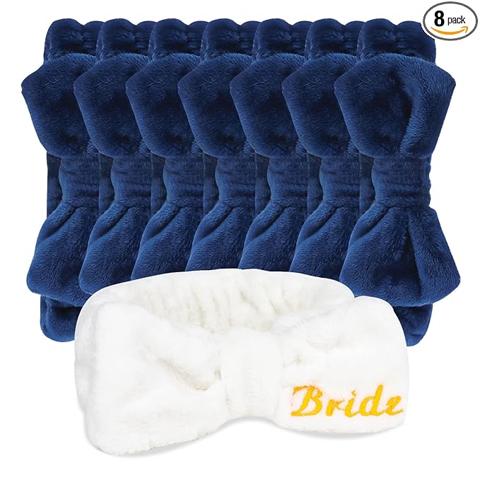 CIEHER Spa Headbands for Bachelorette Party Favors, 8 Pcs Spa Headbands for Bride & Bridesmaid - White & Dark Blue
