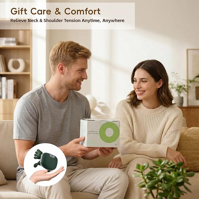 Shoulder and Neck Massager with Heat, 4D Deep Tissue Massage with Finger Pressure for Back, Neck & Shoulder, Portable Compact Design to Relieve Muscle Fatigue and Stiffness, Green