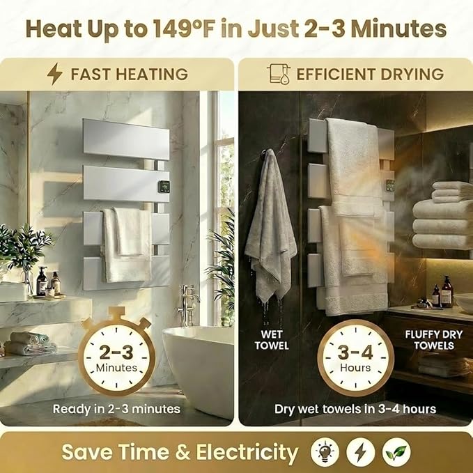 Electric Towel Warmer, Heated Towel Rack with Thermo Control and Timer, Fast Heating Towel Rail for Bathroom with Memroy Function, Work with Smart Plug, Right-Wiring, 4 Panel, Silver