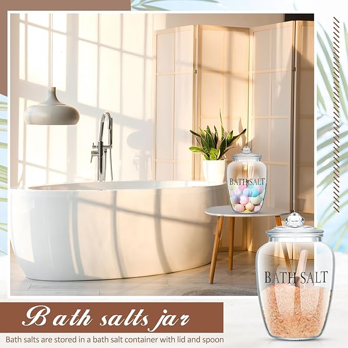 SiliFine 2 Sets 74 oz Bath Salt Container with Airtight Lid and Scoop Big Glass Jar with Wooden Scoop for Bath Flour Salt Candy Tea(Printed)