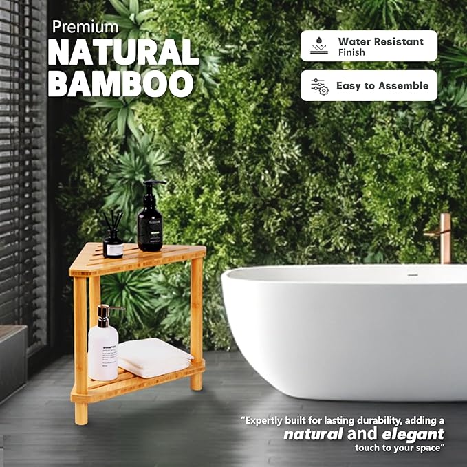 Bamboo 2-Tier Corner Shower Organizer, Waterproof Standing Shower Caddy Storage Shelf, Space-Saving Durable Bathroom Corner Shower Bench for Shampoo Soap Towel, Natural Spa Decor