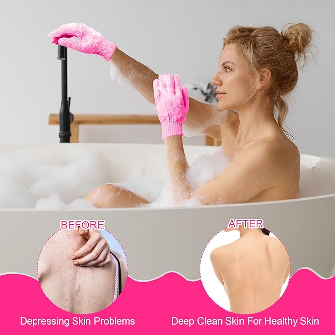 Cuffbow 90 Pcs 45 Pairs Exfoliating Double Sided Bath Gloves with Hanging Loop Colorful Body Shower Gloves for Men Women Beauty Spa Massage Clean Shower Skin Bathing Scrubber Accessories(Pink)
