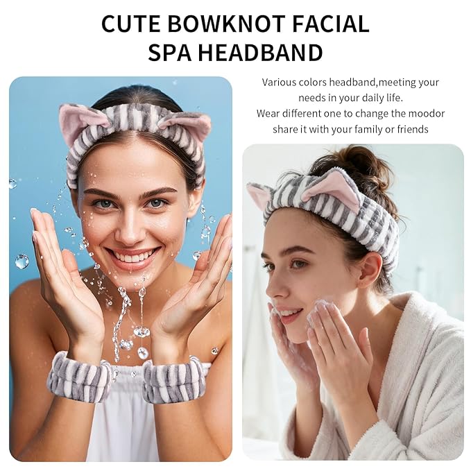 PERFECTSIGHT Kawaii Headband for Spa, Makeup, Washing Face, Party - 2 Pack Cute Hair Band for Shower Beauty Skincare, Soft Facial Headbands for Girls and Women, Black+Gray Cat Ear