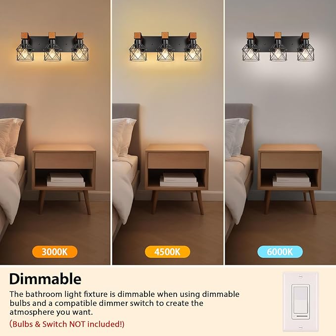 3-Light Farmhouse Vanity Lights for Bathroom, Rustic Wood Bathroom Vanity Lighting Fixtures Over Mirror, Vintage Black Wall Mounted Lamps with Metal Cage for Living Room, Bedroom, Hallway