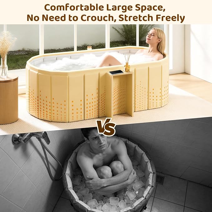 Portable Foldable Bathtub, Freestanding Bathtub No Installation, Bathroom SPA Soaking Bath Tub, Shower Stall Collapsible Hot & Ice Bath Tub (Yellow with Storage Rack, 47.2"L x 21.6"W x 19.6"H)