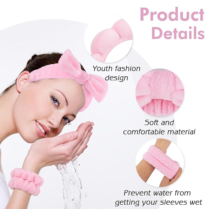 Zkptops 6Pcs Spa Headband for Washing Face Wristbands Set Women Bubble Makeup Sponge Terry Cloth Padded Puffy Skincare Headband Bow Tie Hairband Cute Non Slip Thick Hair Accessory Gifts(Pink)