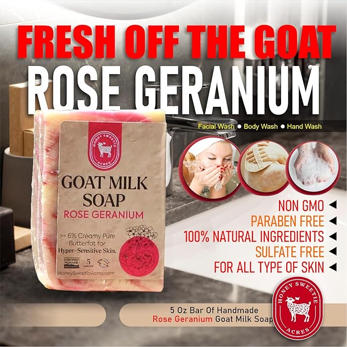 Honey Sweetie Acres Rose Geranium Goat Milk Soap - Handmade 5 oz Bar, Made with Natural Ingredients, Moisturizing & Gentle, Made in the USA