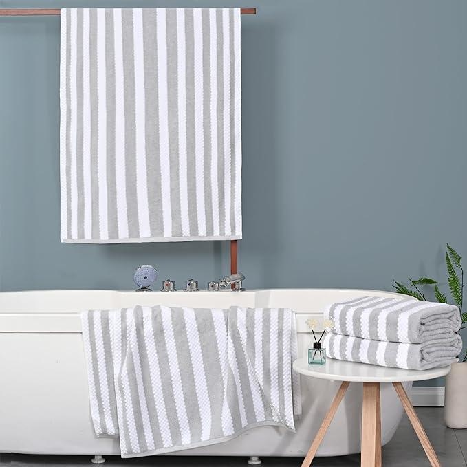Waffle Bath Towels, 4PC 28" x 52" - 100% Cotton | Quick Dry | Light Weight | Soft | Breathable, Striped Bath Towels for Bathroom, Shower Towel Gift Set, Gray Stripes and White Checker/Waffle