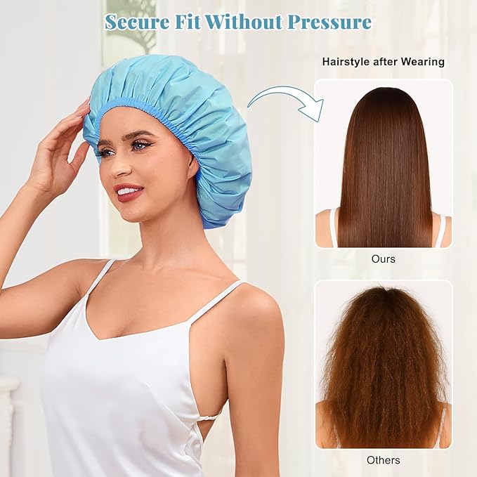 Shower Cap for Women Waterproof Reusable, Large Shower Cap Non-Slip with Elastic Band, Washable Bath Hair Hat for Long Hair, Braids (Light Blue)