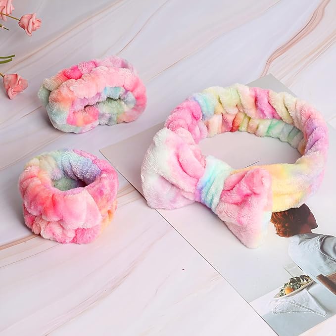 WSYUB Spa Headband and Wrist Bands, Makeup Headband and Wrist Towels for Washing Face, Fuzzy Bow Headbands, Soft Facial Head Bands, Shower Skincare Hair Sleepover Party Supplies