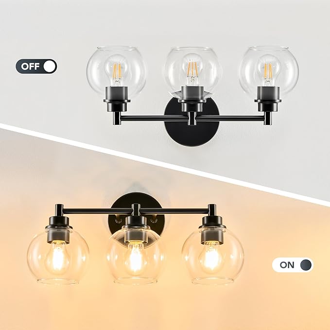 VONLUCE Bathroom Light Fixtures, 3-Light Vanity Light with Globe Glass Shades E26 Sockets, Bathroom Lights Over Mirror for Bedroom Hallway Living Room, Black Finish
