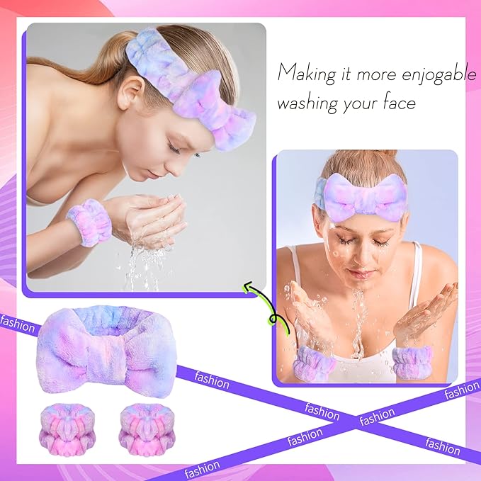 WSYUB Spa Headband and Matching Wrist Bands for Washing Face, Fuzzy Skincare Bow Headbands, Soft Facial Makeup Head Bands, Shower Hair Sleepover Party Supplies,Easter Basket Stuffers