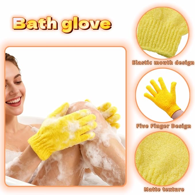 Exfoliating Shower Gloves, 2 Pairs Reinforced Nylon Bath Scrubbing Mitts, Orange and Yellow, One Size Fits All, Body Cleansing Massage