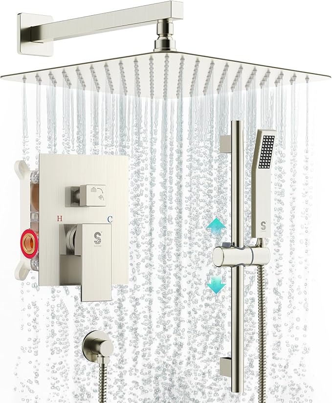 SR SUN RISE Shower System with 10" Rain Showerhead, Square Handheld Showerwith 16-Inch Slide Bar and 71-Inch Hose, Wall Mounted Shower Faucet Set Included Valve and Trim Kit, Brushed Nickel