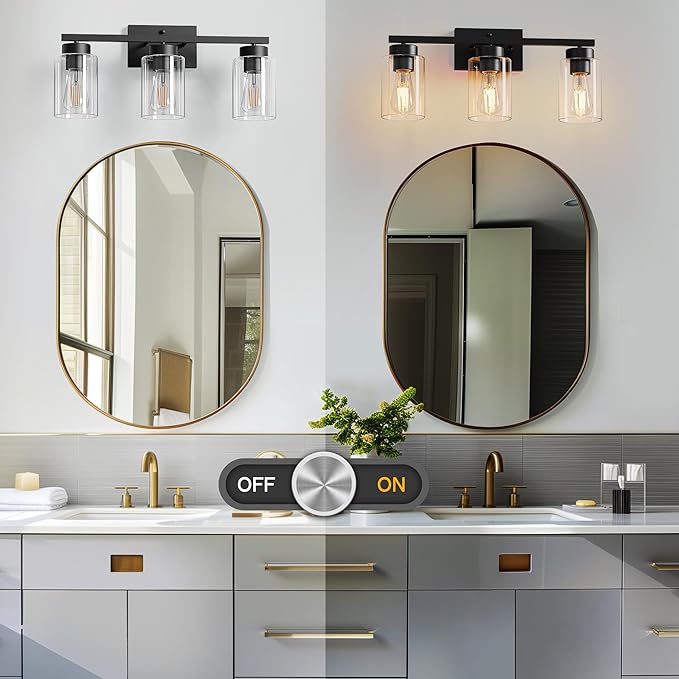 PARTPHONER 3-Light Bathroom Light Fixtures, Matte Black Vanity Light with Clear Glass Shade, Modern Wall Sconce for Mirror Bedroom Living Room Hallway Lighting