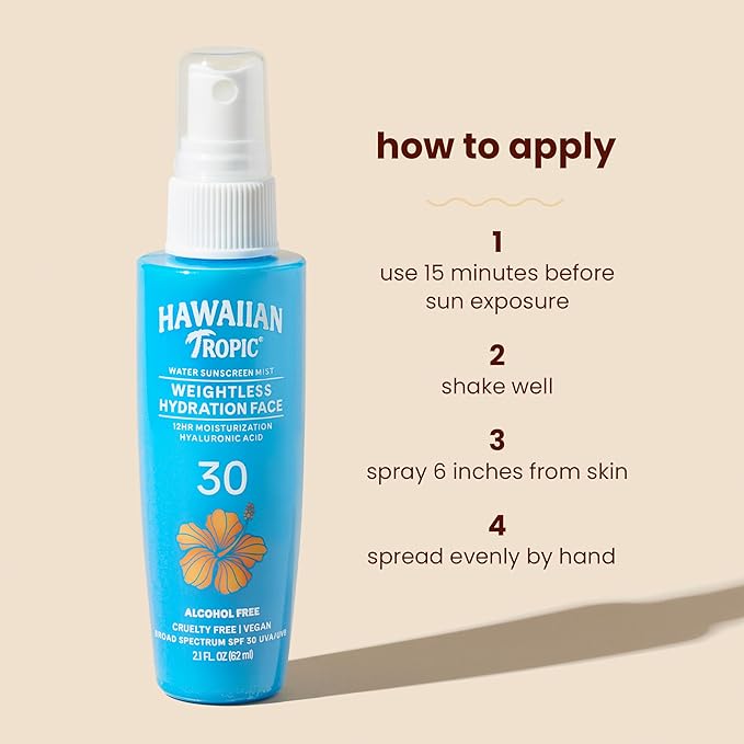 Hawaiian Tropic Weightless Hydration Water Mist for Face SPF 30, 2.1 Fl Oz, Travel Size SPF Face Mist Hydrating Spray, Non-Comedogenic Sunscreen Facial Mist, Non-Aerosol Sunscreen Spray, 2.1 Fl Oz